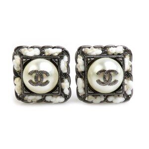 CHANEL White Pearl Logo Earrings
